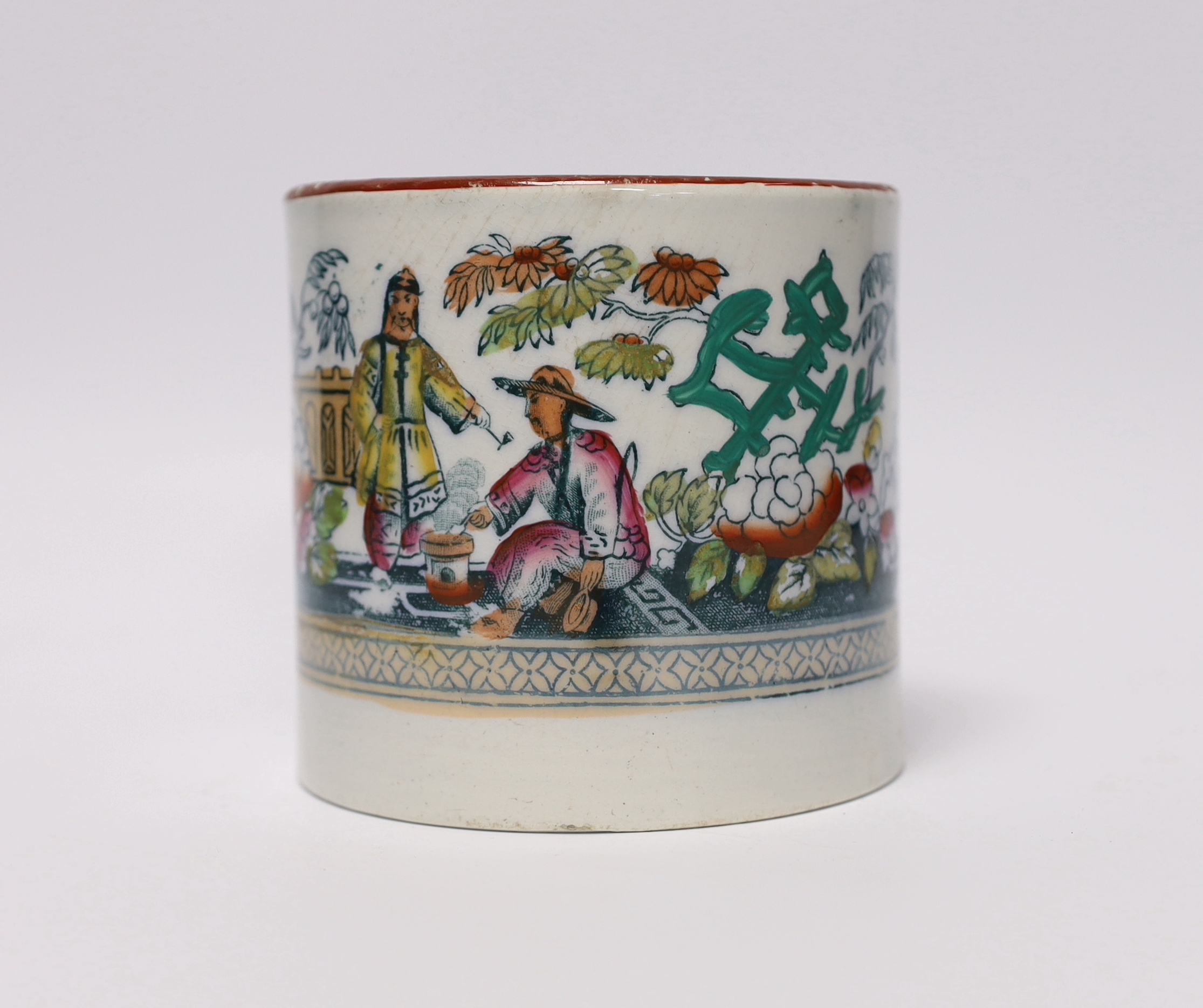 A mid 19th century Staffordshire ironstone cylindrical large tankard decorated with Chinese figures and motifs (E and H), 10cm